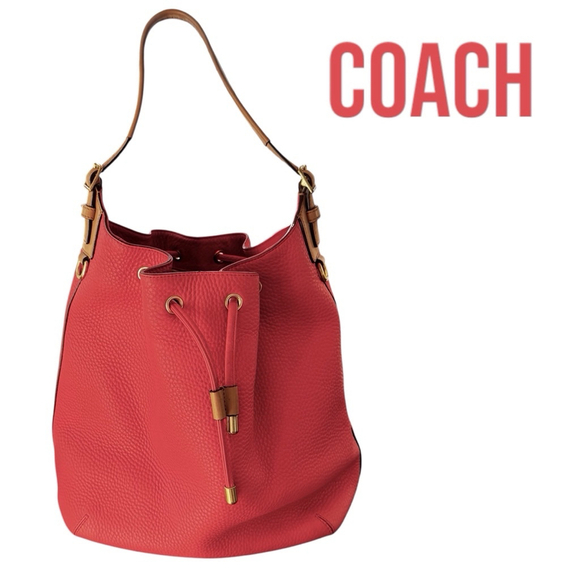 Coach Pebble Leather Drawstring Bucket Shoulder Bag Persimmon (Pinky-Orange) - Picture 1 of 13